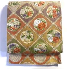 5k1150 袋帯　絹　西陣織　蘇州刺繍　花丸文　金色　橙色　緑　紫　白　花柄