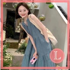 ワンピース　L デニム風　ティアード　Aライン　ノースリーブ　ゆったり　韓国