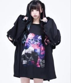 トラバストーキョー Glutton cat 猫プリント ロンT ブラック