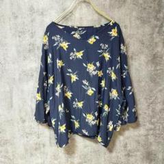 【美品】(S) フレア袖ブラウス シャツ 花柄 トップス ネイビー 36
