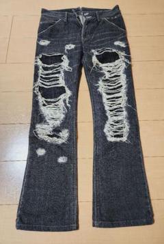美品】 ROEN デニムパンツ 金ボタン スカル ダメージ加工 カーキ