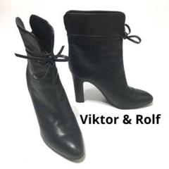 Viktor & Rolf ネイビー レザー ブーティ 37 本革 リボンのサムネイル