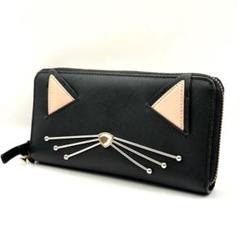 美品 ケイトスペード サフィアーノ ラウンドジップ 猫 キャット 長財布 極美品 ＊ ケイトスペード サフィアーノ ラウンドジップ 猫
