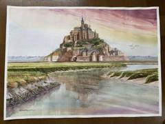 今年人気のブランド品や 水彩画 モンサンミッシェル 風景画 美術 インテリア 修道院 世界 絵画