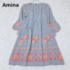 アミナ　膝丈ワンピース　インド製　花柄　エスニック　チャイハネ　ブルー　フレア