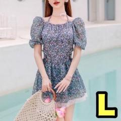 46【大人気】レディースラッシュガード体型カバーワンピース水着半袖Lサイズ花柄