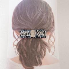 【バックル付ツイードリボンバレッタ】ヘアアクセ　ハンドメイド　結婚式　高見え