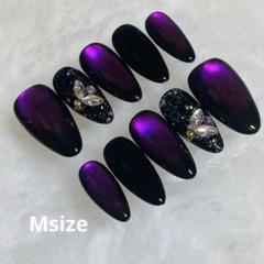 Mサイズ 現品ネイル キャッツアイ×黒ラメ×大粒ビジューネイル