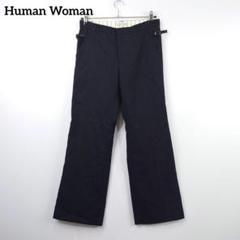 HUMAN WOMAN センタープレスパンツ【M】ネイビー ストライプ 秋冬
