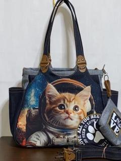 一点物☆岡山デニム☆トラ猫☆宇宙飛行士猫☆リュック対応☆4wayあおりバッグ 一点物☆岡山デニム☆トラ猫☆宇宙飛行士猫☆リュック対応☆4way