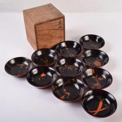 時代輪島塗　黒漆　蒔絵絵変銘々皿　木皿　十客　時代箱付　V　R8927 時代輪島塗 黒漆 蒔絵絵変銘々皿 木皿 十客 時代箱付 V R8927