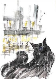 原画#3936 黒猫 パリ 雨 水彩画 ドローイング インテリア アート