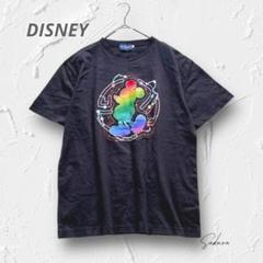 Y4410【東京ディズニーリゾート】ミッキープリントTシャツ 黒×レインボー L