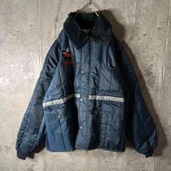 希少2XL★中綿ナイロンブルゾン ファー 企業ロゴ ワンポイント刺繍 ネイビー