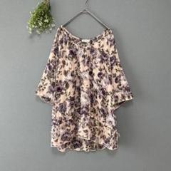 ローザシェリ［L］美品　大花柄　バラ柄　リボン　薄手　フレア袖　トップス　七分袖
