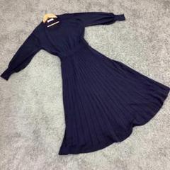 ✨FJY✨ロングワンピース♡リブニット♡プリーツ♡着回し抜群♡ネイビー(36)