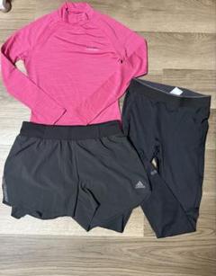 adidas ENERGY RUNNING ピンクシャツ 黒ショートパンツ