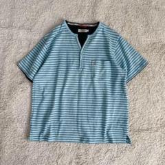 Tシャツ ボーダーカットソー キーネック カジュアル トップス ロゴ刺繍