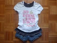 【160㎝上下】裾の黒フリルと襟元が可愛いロングTシャツとデニム短パン