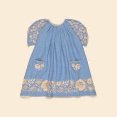 Apolina 刺繍 青チェックワンピース7-9y