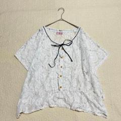 ダイアモンドジュリア　総レースブラウス　半袖　ボタン付き　M リボン　a1936