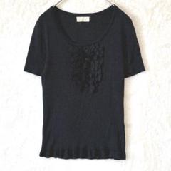 【M】ボンサンス♦ニット トップス 半袖 フリル ラメ リブ アクリル ブラック