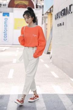 レディース カジュアルロングTシャツ シンプル カットソー オレンジ 白 6