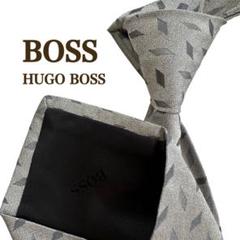 HUGO BOSS ヒューゴボスグレー パターン入り四角ドット柄ネクタイシルバー