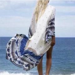 ロングシフォンカーディガン UVカット 紫外線対策 シースルー　シアー　白　青