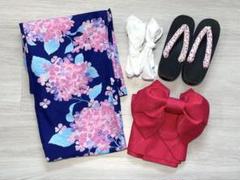【未使用品】浴衣 セット 紺色 あじさい柄　帯 下駄 女の子 160cm