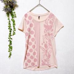G2045ダンスキン✤半袖TシャツM相当ピンク花ドット ダンス ヨガ ピラティス