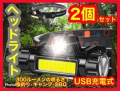LEDヘッドライト 2個セット USB充電式 90°回転 キャンプ 夜釣り 登山