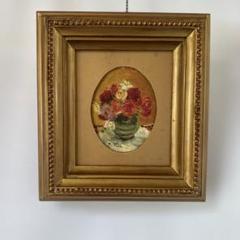 肉筆 油彩 絵画 バラ 花瓶の花 楕円形 レトロ調額縁 インテリア