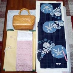 美品　撫松庵　浴衣　帯　かごバッグセット　紺色　朝顔　桜　綿100% 美品 撫松庵 浴衣 帯 かごバッグセット 紺色 朝顔 - メルカリ