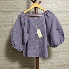 grove チェック柄ブラウス パープル系 丸襟 パフスリーブ 新品 Fサイズのサムネイル