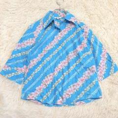 n6682 美品✨五分袖アロハシャツ M コットン100% 開襟 ハイビスカス
