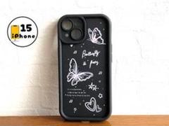 iPhone15 ケース　カバー　スマホケース　黒　蝶　ピンク　白
