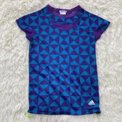 ▽adidasアディダス▽半袖TシャツS青 紫 総柄 裾絞り 速乾スポーツウェア