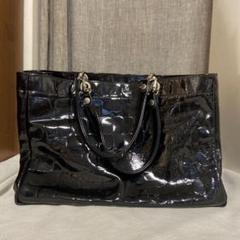 【美品】アンジュールアンサック　クロコダイル　型押し　ハンドバッグ　ブラック 美品】アンジュールアンサック クロコダイル 型押し
