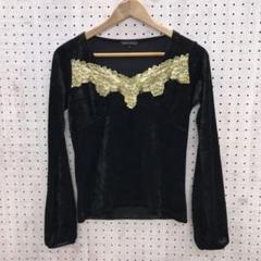 ボーホーシック 古着 花柄刺繍レース ベロア コンビ ベルスリーブトップス