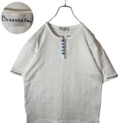日本製サンタフェ凹凸チェック柄×ランダムボタンヘンリーネックコットンTシャツ