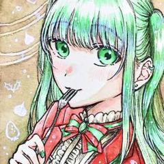 手描きイラスト オリジナル 創作 原画 atcサイズ 赤 緑 女の子 クリスマス