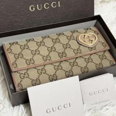 グッチ 長財布 GG シマレザー リボン インターロッキング ブラウン 美品！グッチGUCCIスーキー長財布 インターロッキング GGシマ