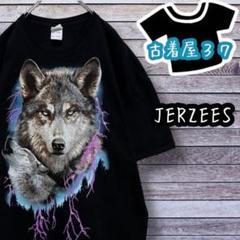 古着ジャージーズデカロゴアニマル柄オオカミゆるだぼTシャツ黒ブラック2XL