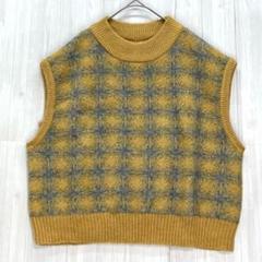 ZARA ザラ　クルーネックチェックニットベスト　黄色　グレー　S