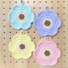 アクリルたわし　エコたわし　花　4枚セット　コースター　かぎ針編み　ハンドメイド