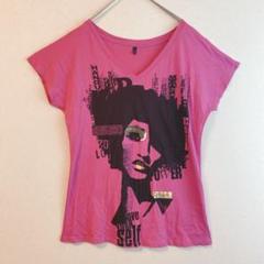 （M）Vネック Tシャツ サイケデリック 女性 英字 柄 プリント コットン