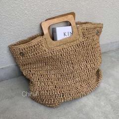 ［新品］ウッドハンドルストローバッグ メッシュ ブラウン 海外 無地 新品