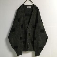 80s〜90s 日本製 古着 ダークトーン カーディガン ブロック柄 濃緑 黒