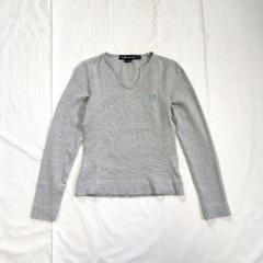 【Ralph Lauren】90sロゴ刺繍スリットネック・リブ編みロンT　グレー